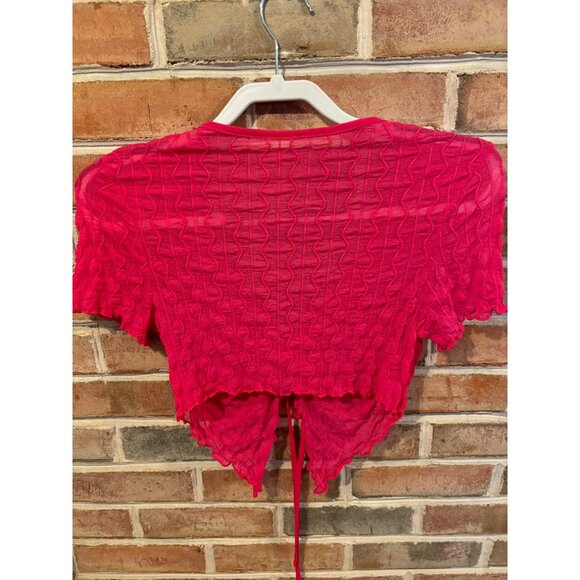 Pink Sheer Textured Cropped Top W/Drawstring Y2K 90s - Picture 4 of 6